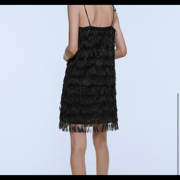 NWT ZARA Black SEQUINNED FRINGED DRESS Mini Adjustable Straps Size M 2853 - Picture 2 of 5